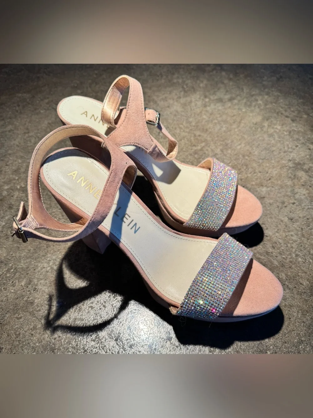 Anne Klein Pink Suede Block Heel Sandals with Rhinestone Strap 9.5